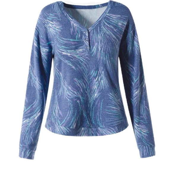 Chico’s Size 2 Weekends Swirl Knit Long Sleeve Henley Top Shirt Chico Size Large - Picture 1 of 9